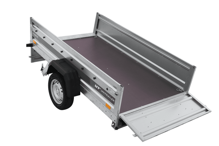 Remorque légère 230x125 UNITRAILER FORCE 230 KIPP avec ridelles BIS, châssis H-0 et bâche bleue