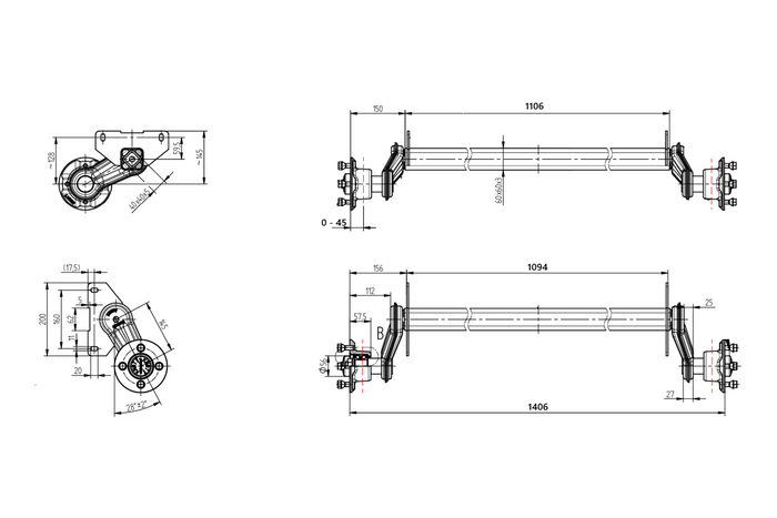Essieu non freiné KNOTT VG7-L pour remorque de bateau 750 kg, 1094 mm, 1406 mm, 4x100