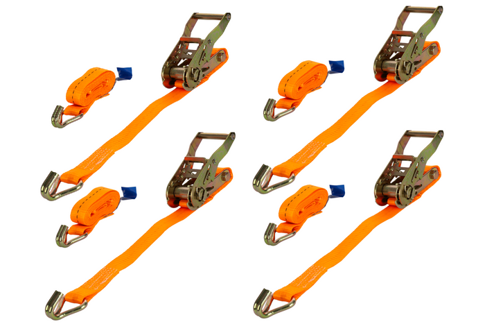 Ensemble de quatre courroies de transport UNITRAILER orange 2 m/25 mm/1 t avec tendeur