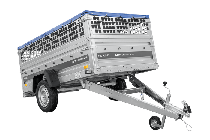 Enkelassige aanhanger 230x125 UNITRAILER FORCE 230 KIPP met gaaswanden, H-0 frame en blauwe afdekking.