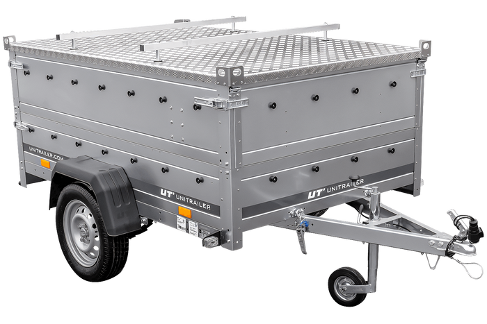 Enkelassige aanhangwagen op veren 230x125 UNITRAILER GARDEN 230/R KIPP met BIS zijwanden en aluminium afdekplaat