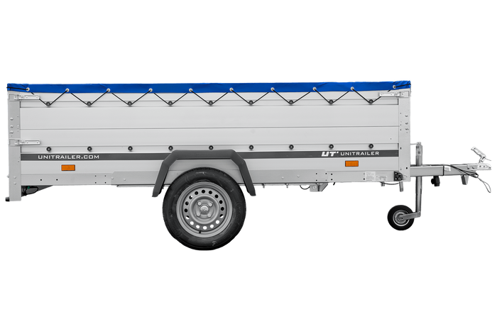 Remorque à un essieu avec ridelles en aluminium 264x125 Unitrailer Garden 264 KIPP ALU avec ridelles BIS, châssis H-0 et bâche bleue