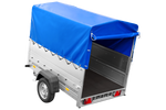 Enkelassige aanhanger 200x125 UNITRAILER GARDEN 201 KIPP met BIS-zijwanden, H-800 frame en blauwe afdekking
