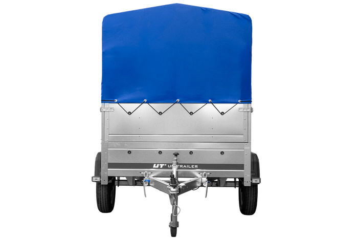 Enkelassige aanhanger 200x125 UNITRAILER GARDEN 201 KIPP met BIS-zijwanden, H-800 frame en blauwe afdekking