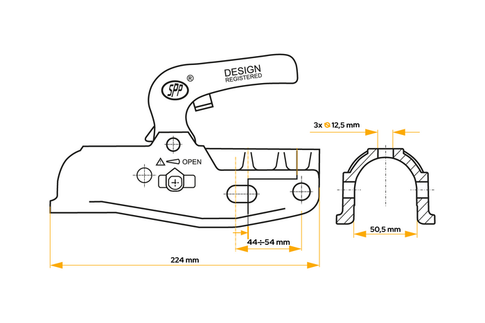Attelage à boule STEELPRESS BC-3000C-00-00+Z2 pour remorque de 3000 kg avec timon tubulaire de 35 à 50 mm, en fonte