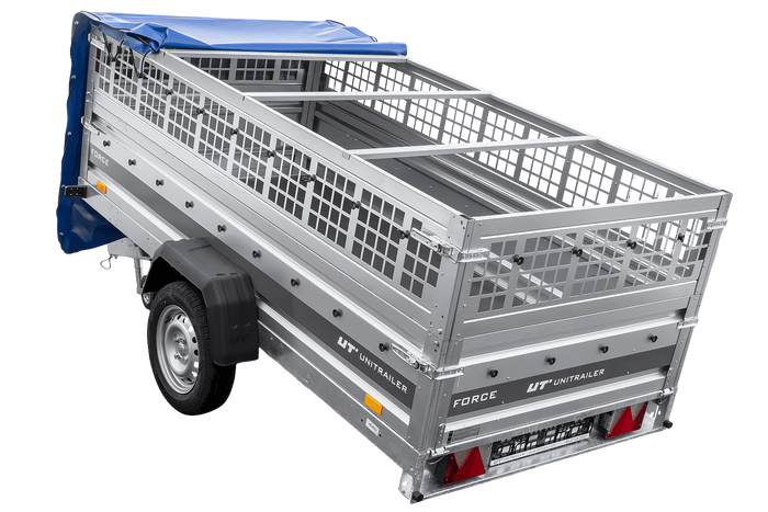 Remorque à un essieu 264x125 UNITRAILER FORCE 264 KIPP avec ridelles grillagées, châssis H-0 et bâche bleue