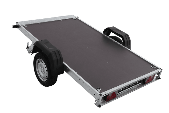 Enkelassige aanhanger 230x125 UNITRAILER FORCE 230 KIPP met gaaswanden, H-0 frame en grijze afdekking.
