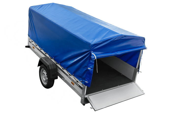 Remorque à un essieu avec côtés en aluminium 264x125 Unitrailer Garden 264 KIPP ALU avec châssis H-800 et bâche bleue