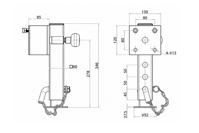 UNITRAILER JL1 uitschuifbare krukassteun voor 1500 kg vlakke aanhanger 346-576 mm