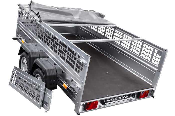 Remorque légère UNITRAILER GARDEN 265/2 KIPP 264x150 avec côtés en filet, châssis H-0 et bâche grise