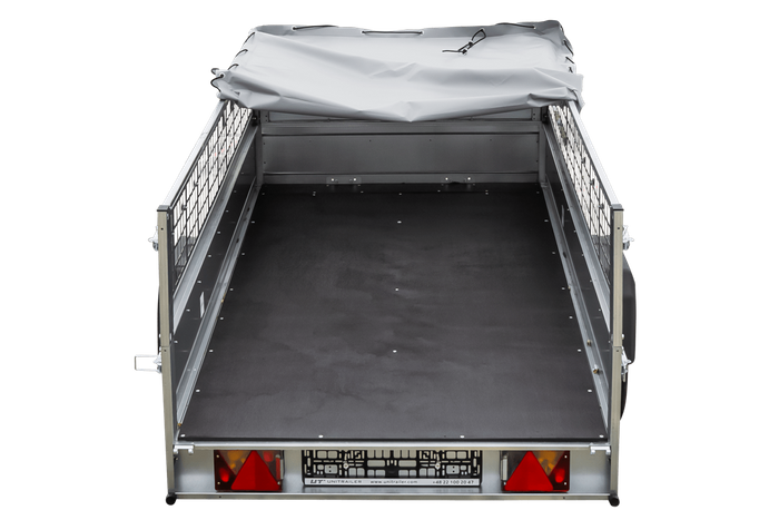 Enkelassige aanhangwagen 264x125 UNITRAILER GARDEN 264 KIPP met gaaswanden en grijs dekzeil