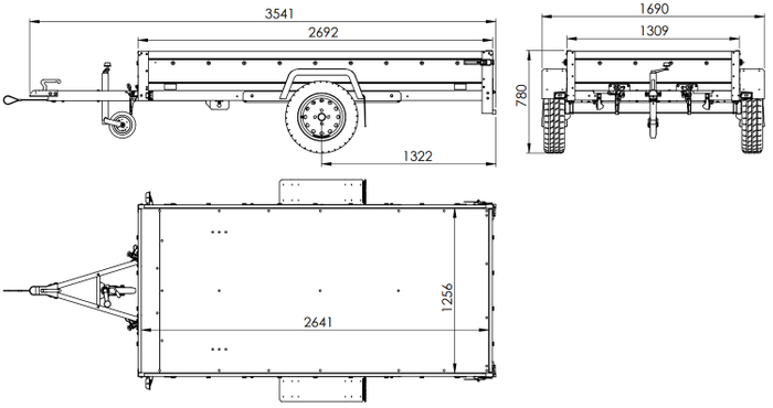 Enkelassige aanhanger met aluminium zijwanden 264x125 Unitrailer Garden 264 KIPP ALU met H-800 frame en grijze afdekking