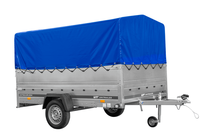 Remorque à un essieu sur ressorts UNITRAILER GARDEN 265/R KIPP 264x150 avec ridelles BIS, châssis H-800 et bâche bleue
