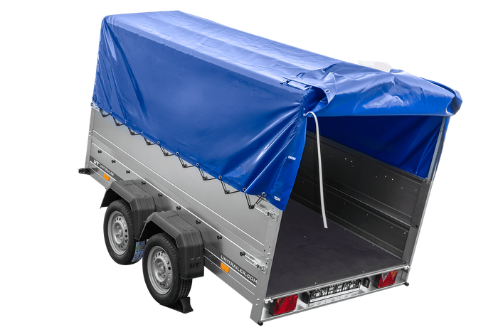 Lichte aanhanger 264x150 UNITRAILER GARDEN 265/2 KIPP met BIS-zijwanden, H-800 frame en blauwe afdekking