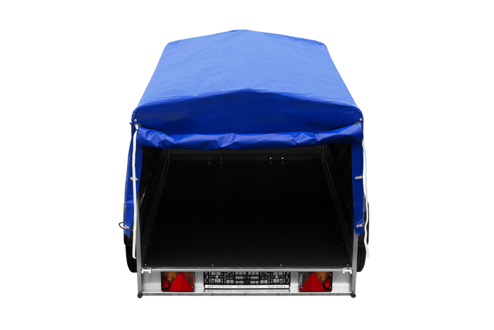 Enkelassige aanhangwagen op veren 200x125 UNITRAILER GARDEN 201/R KIPP met H-800 frame en blauw dekzeil