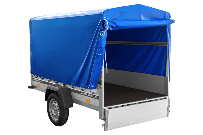 Remorque porte-voitures à côtés en aluminium 230x125 Unitrailer Garden 230 KIPP ALU avec châssis H1100 et bâche bleue