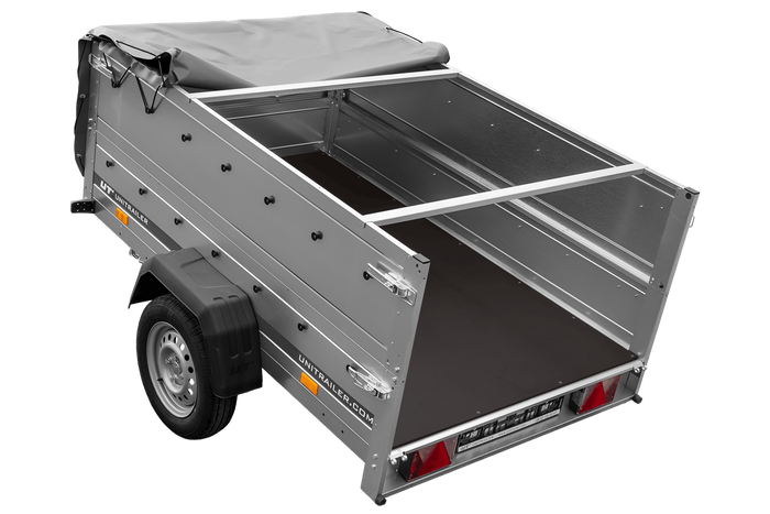 Lichte aanhanger 200x125 UNITRAILER GARDEN 201 KIPP met BIS-zijwanden, H-0 frame en grijs dekzeil