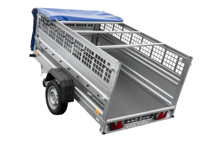 Remorque à un essieu 230x125 UNITRAILER FORCE 230 KIPP avec côtés grillagés, châssis H-0 et bâche bleue