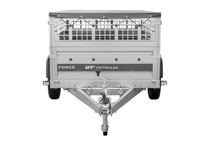 Enkelassige aanhanger 230x125 UNITRAILER FORCE 230 KIPP met gaaswanden, H-0 frame en grijze afdekking.