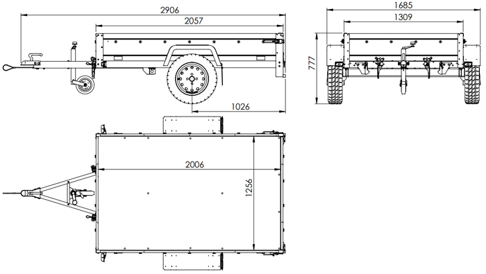 Remorque à un essieu avec côtés en aluminium 200x125 Unitrailer Garden 201 KIPP ALU avec châssis H-800 et bâche bleue