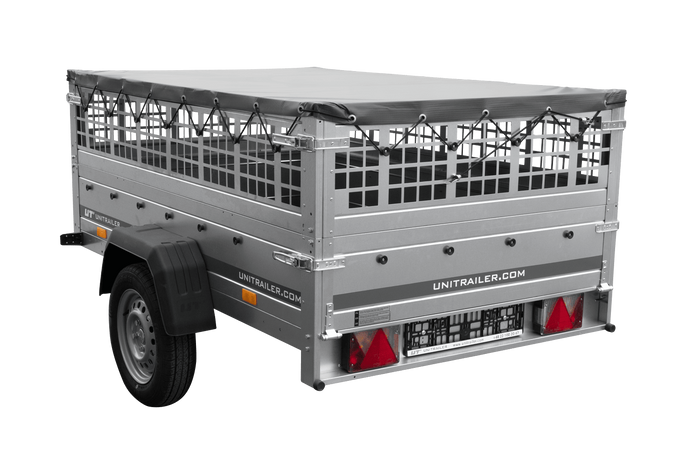 Enkelassige aanhanger 200x125 UNITRAILER GARDEN 201 KIPP met gaaswanden en grijze afdekking
