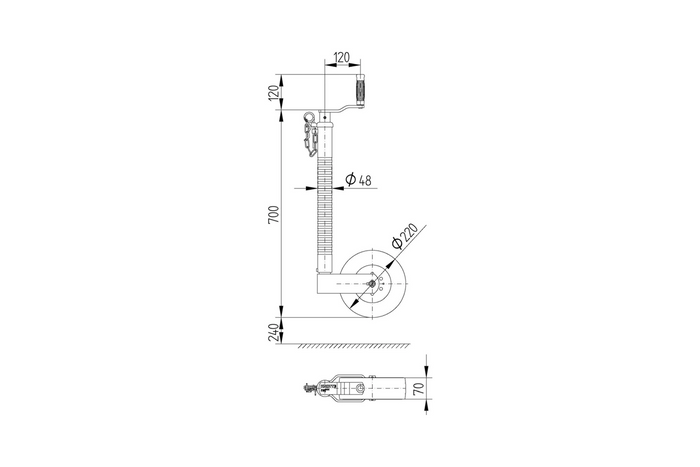 Steunwiel met klem, gietijzeren klem KNOTT TK48+B48C6, gegolfde buis, 300 kg, 48 mm, 700-940 mm