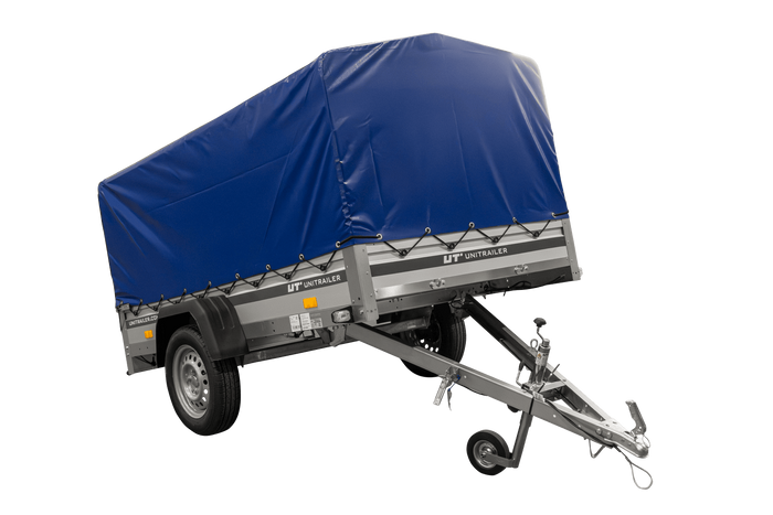 Remorque à un essieu avec côtés en aluminium 230x125 Unitrailer Garden 230 KIPP ALU avec châssis H-800 et bâche bleue
