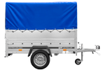 Enkelassige aanhanger 200x125 UNITRAILER GARDEN 201 KIPP met BIS-zijwanden, H-800 frame en blauwe afdekking