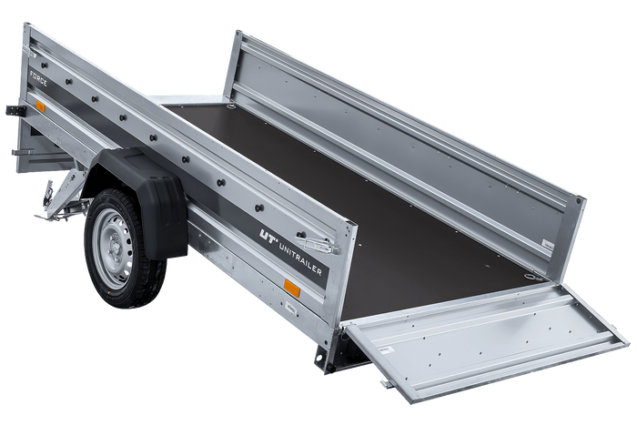 Remorque à un essieu 264x125 UNITRAILER FORCE 264 KIPP avec ridelles grillagées, châssis H-0 et bâche bleue