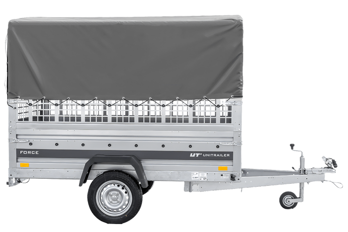 Enkelassige aanhanger 230x125 UNITRAILER FORCE 230 KIPP met gaaswanden, H-800 frame en grijze afdekking.