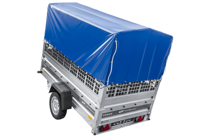 Remorque à un essieu 230x125 UNITRAILER FORCE 230 KIPP avec côtés grillagés, châssis H-0 et bâche bleue